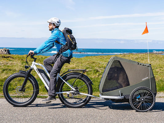 Stay ahead with Electric Bike News photo of man on an electric bike pulling a cargo trailer.
